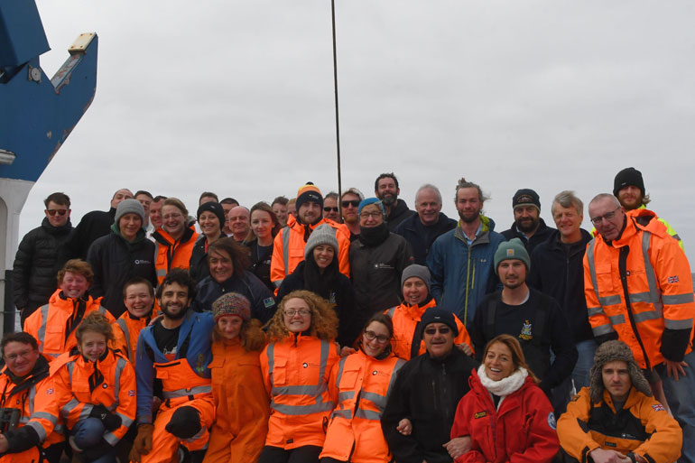 Emma Langan amongst the group of her research colleagues on the Antarctic survey cruise Emma Langan amongst the group of her research colleagues on the Antarctic survey cruise