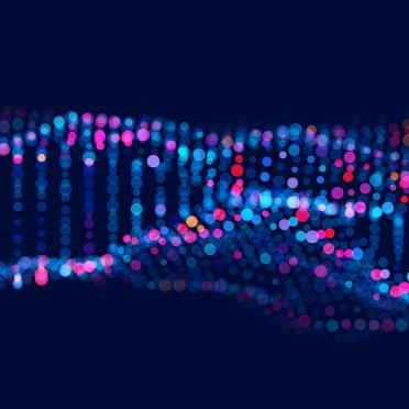 Abstract DNA strand made up of colourful dots on a dark blue background