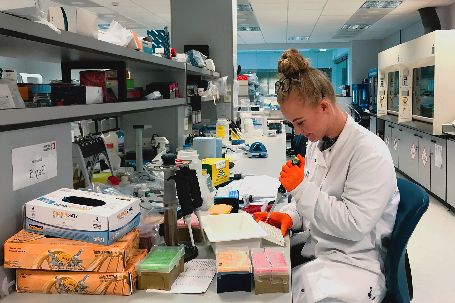 PhD Student Anita Scoones busy at work in the EI Single Cell Labs PhD Student Anita Scoones busy at work in the EI Single Cell Labs