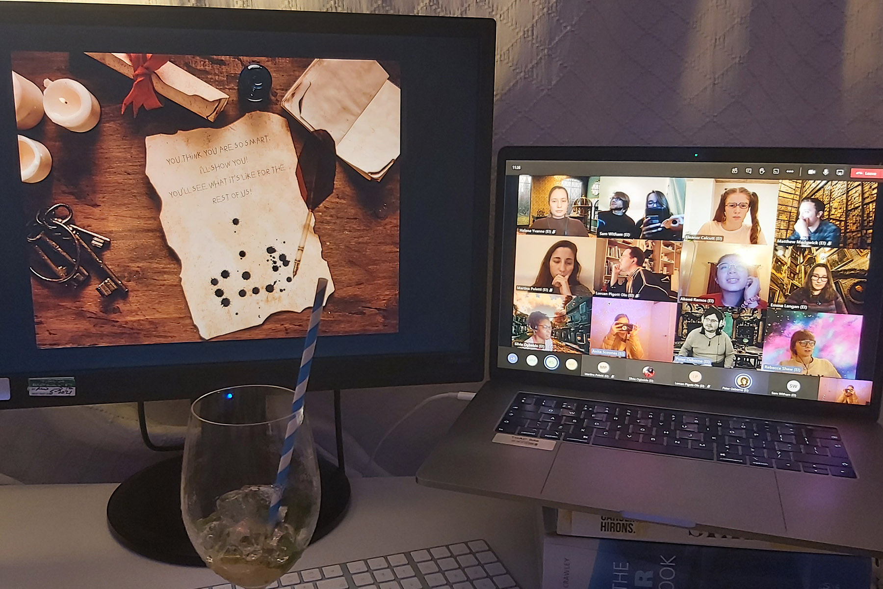 Social aspects of Anita's PhD were slightly different this year thanks to COVID. Anita taking part in a zoom social gathering with her PhD colleagues. Image shows a laptop with zoom screen and a drink.