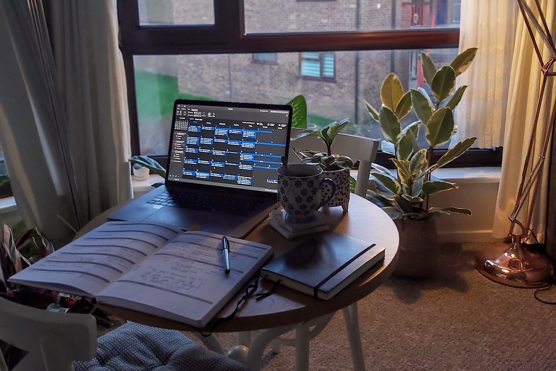 Prioritisation is key according to Anita when it comes to time management Anita's desk at home surrounded by houseplants in front of her window, with her laptop, an open planner and cup of coffee.