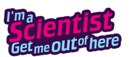 Logo for I’m A Scientist, written in a mixture of blue and pink text with a dark purple outline