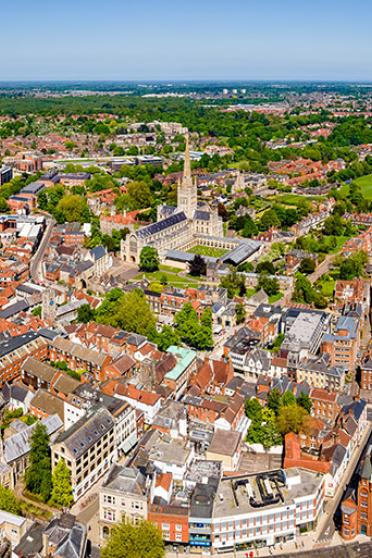 Aerial view of Norwich Cathedral located in Norwich, Norfolk, UK