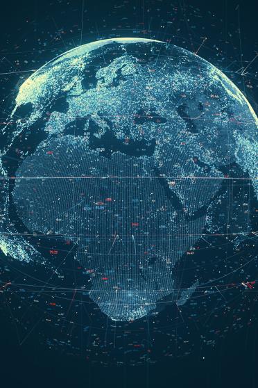 Digital graphic of the earth from space with lines and numbers wrapped around the earth representing data