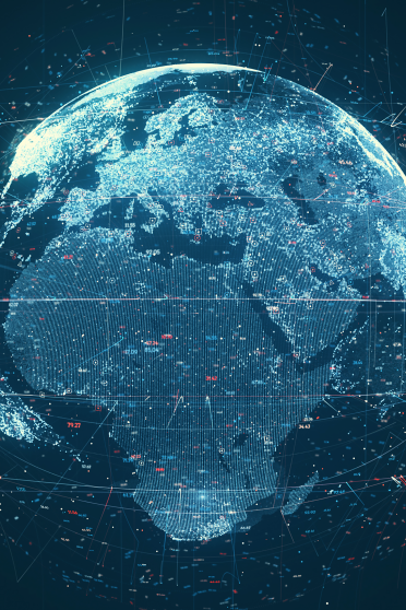 Digital graphic of the earth from space with lines and numbers wrapped around the earth representing data