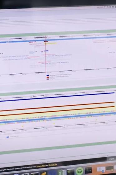 Image looking over someones shoulder at their computer screen displaying genomic information