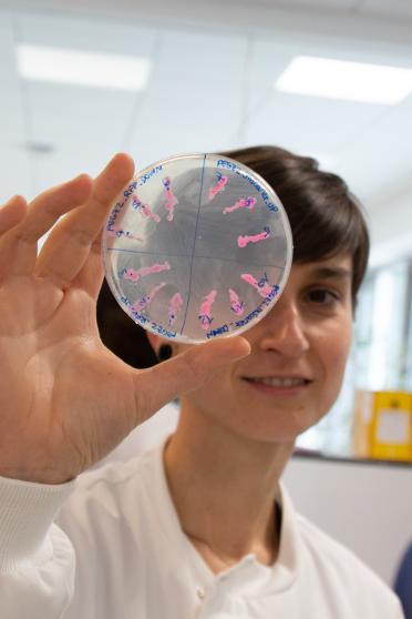 Researcher Eleonora holding up a petri dish close to the camera