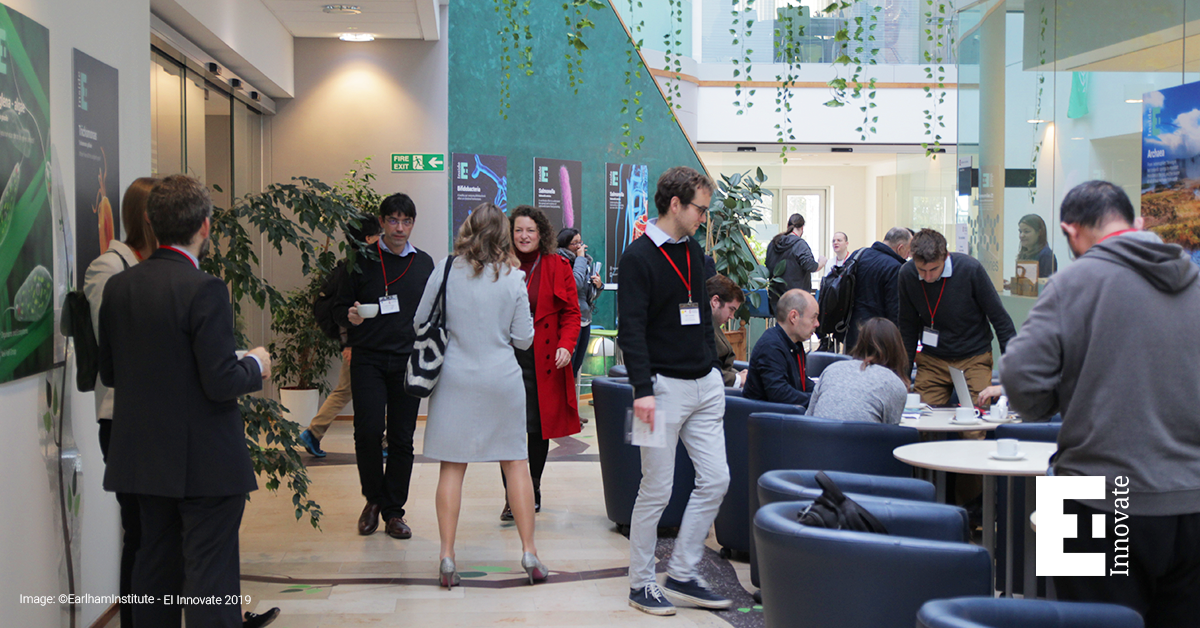 Attendees gather in the EI Atrium at the 2019 EI Innovate event.