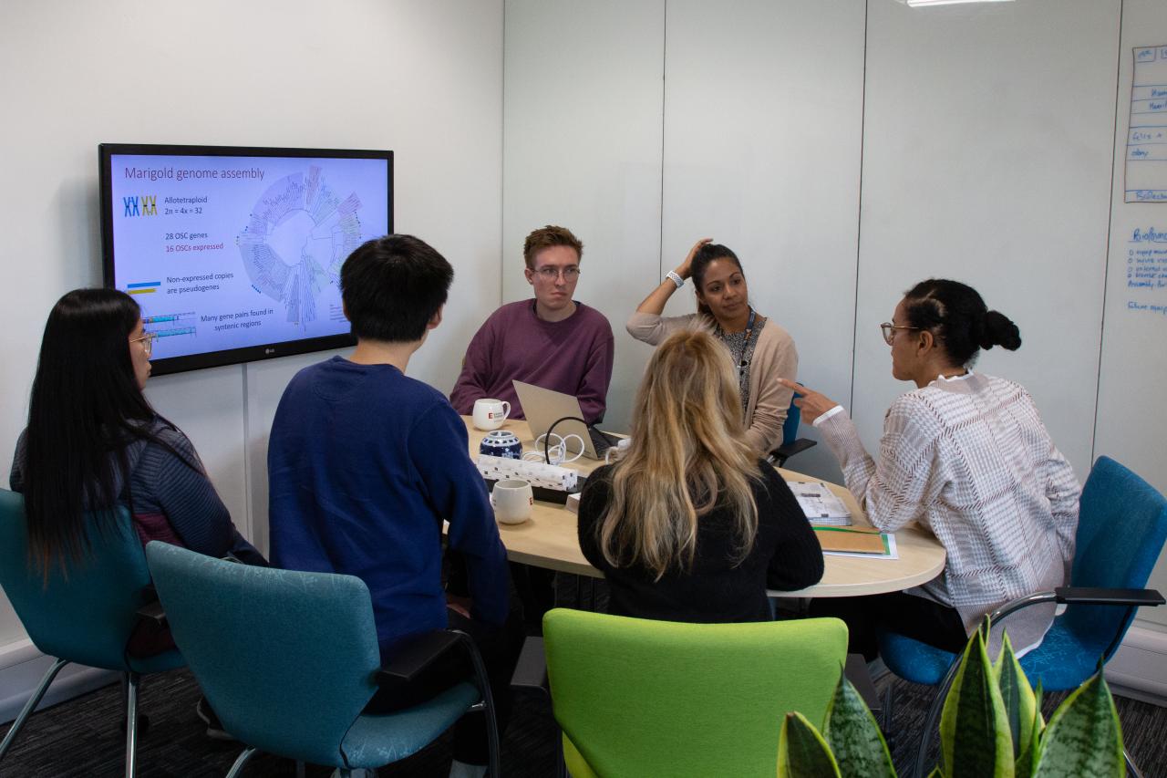 Colleagues from the Patron Group gathered around a table during their weekly lab meetings.