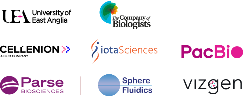 Sponsor logos of the event, featuring UEA, Company of Biologists, Cellenion, iotaSciences, PacBio, Parse Biosciences, Sphere Fluidics and Vizgen.