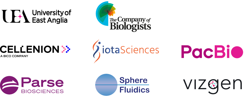 Supporter and sponsor logos of UEA, Company of Biologists, Vizgen and Sphere Fluidics.