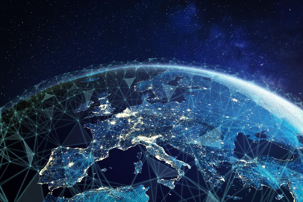 Europe and Earth as seen from space in a computer-generated graphic, with lines and dots demonstrating networks and connectivity between countries.