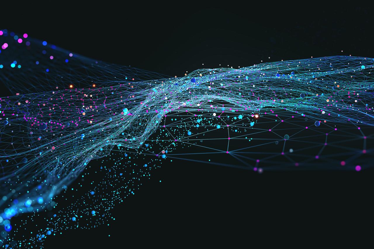 Illustrative image representing data visualisation and network in shades of blue on a black background.