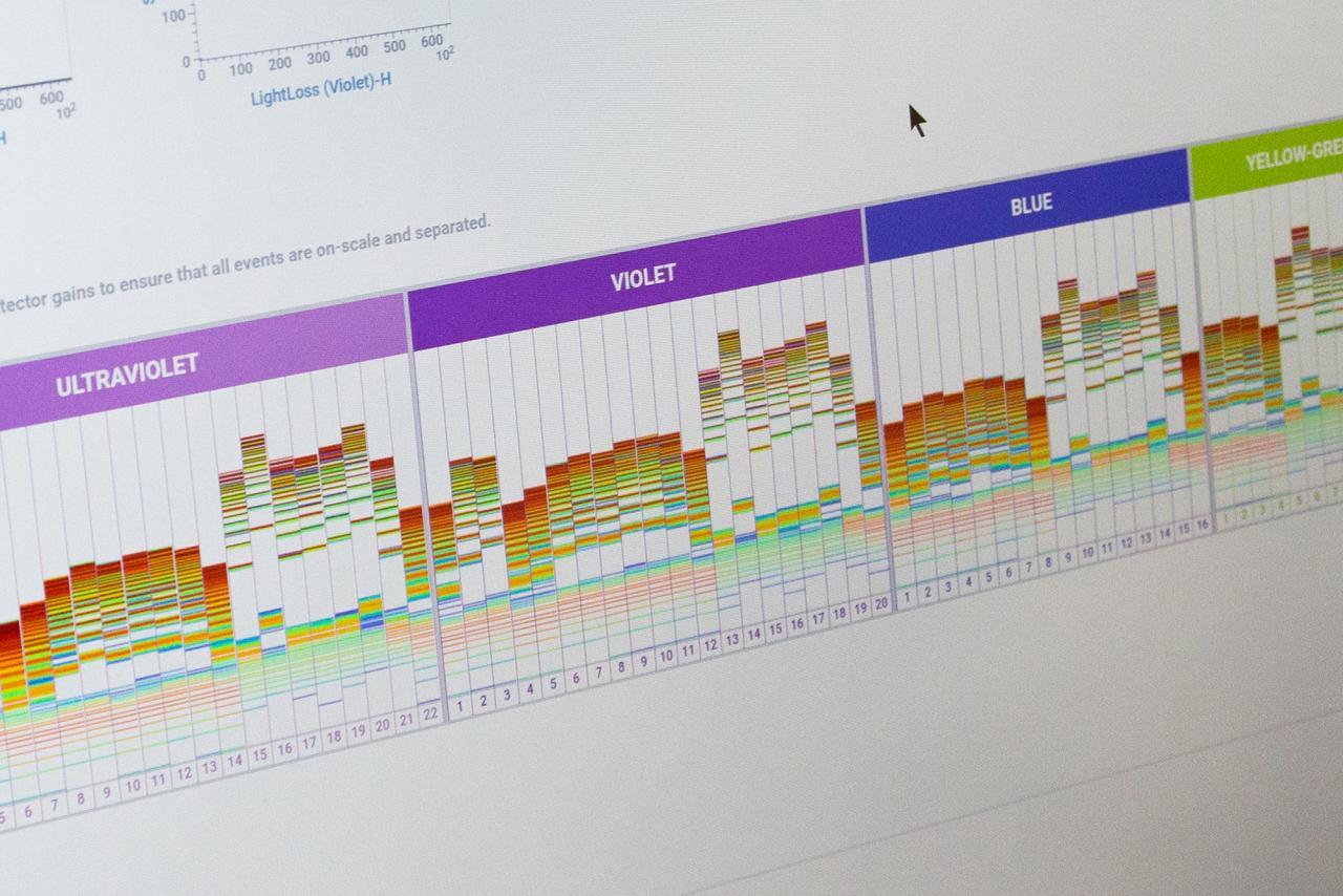 Close up photograph of the desktop applications from the BD FACS Flow Cell Sorter showing rows of bright coloured bars