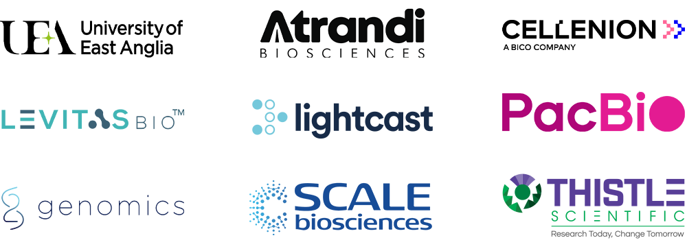 Logos of sponsors the Norwich Single Cell symposium: UEA, Atrandi Biosciences, Cellenion, LevitasBio, Lightcast, PacBio, S2Genomics, Scale Biosciences and Thistle Scientific.