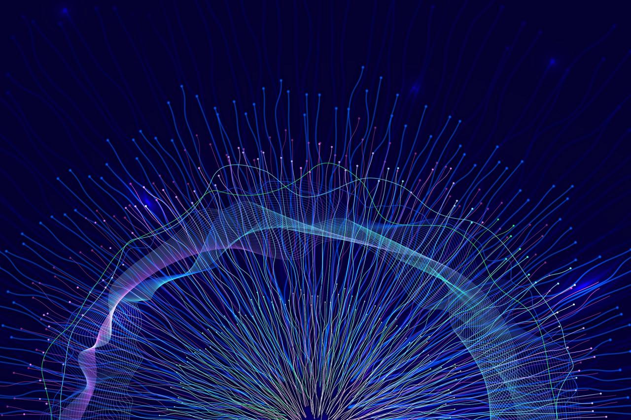 Abstract digital illustrations of lines and dots radiating out of a centre. In shades of dark blue, light blue, and purple.