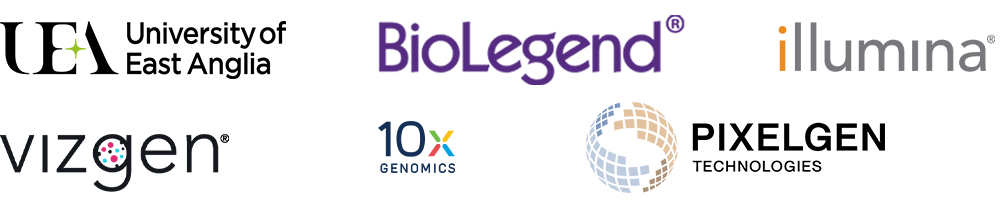 Logos of sponsors the Norwich Single Cell symposium including UEA, BioLegend, illumina, Vizgen, 10x Genomics, and Pixelgen Technologies