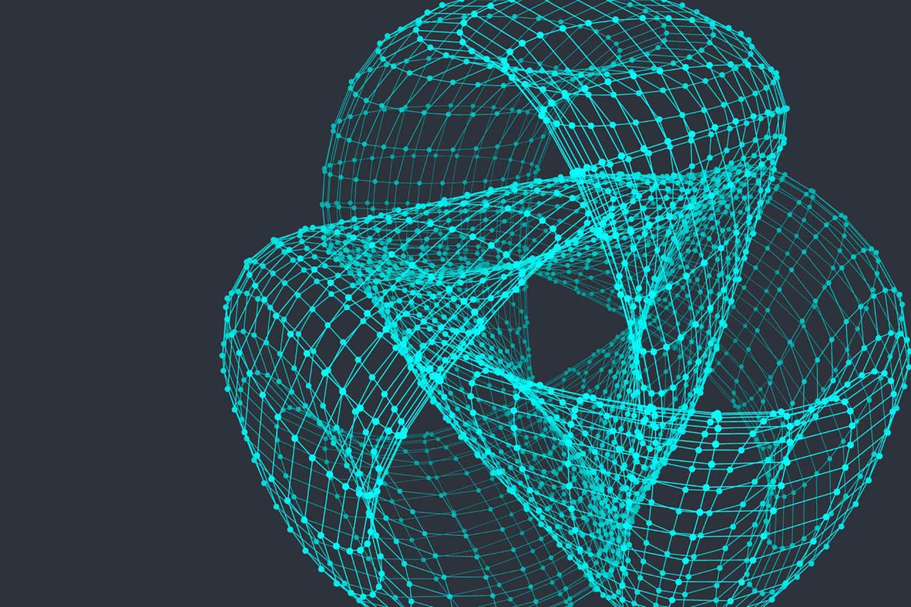 Digital illustration of a trefoil knot in shades of turquoise against a dark grey background