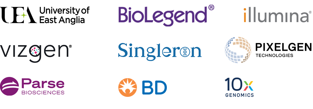 Logos of sponsors the Norwich Single Cell symposium including UEA, BioLegend, illumina, Vizgen, singleron, pixelgen, parse biosciences, BD biosciences