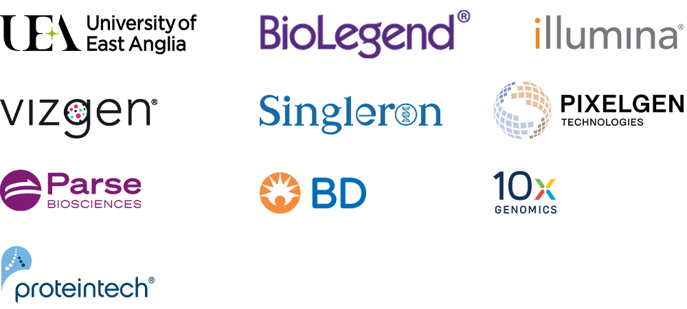 Logos of sponsors the Norwich Single Cell symposium including UEA, BioLegend, illumina, Vizgen, Singleron, Pixelgen Technologies, Parse Biosciences, BD Biosciences, 10x Genomics and Proteintech