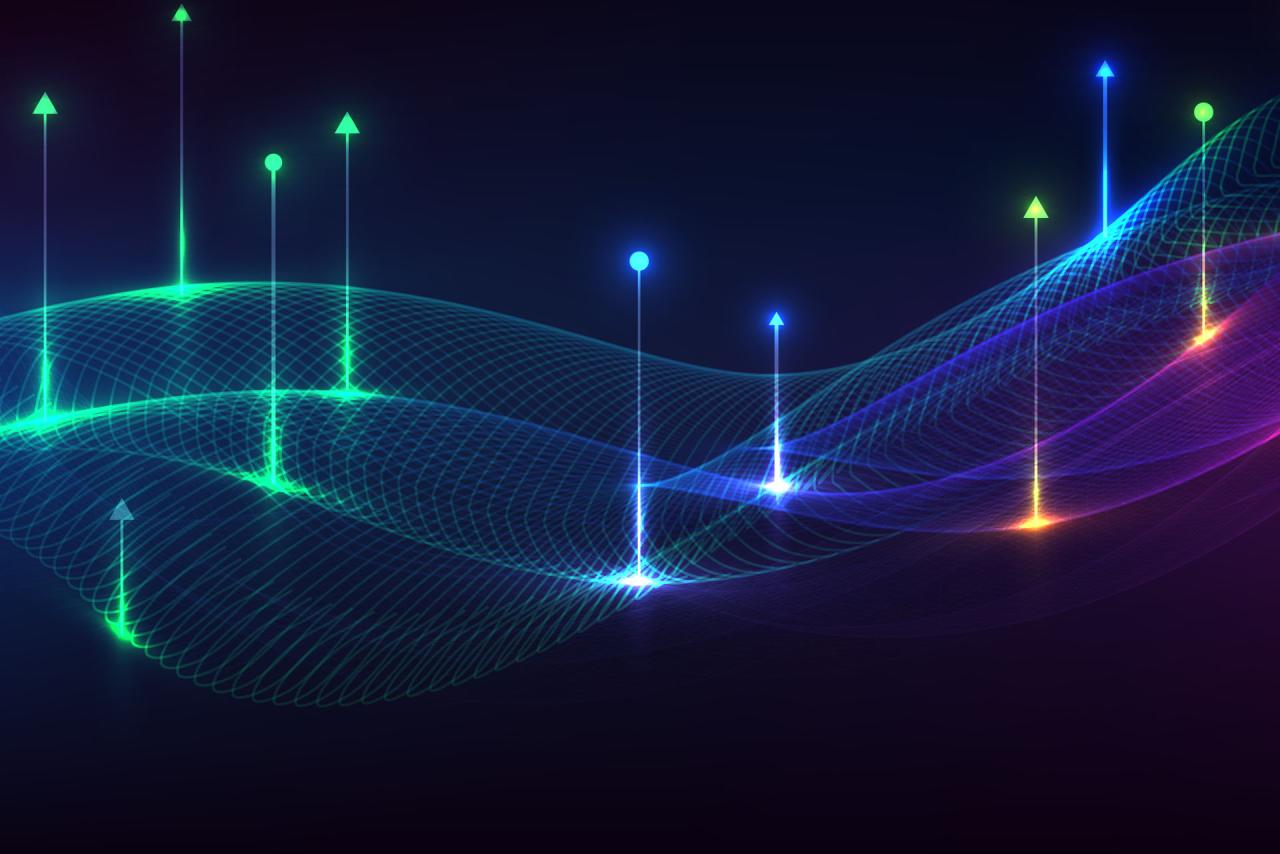 Digital illustration of a mesh in a wave with futurisitic lines in shades of blue, green and pink