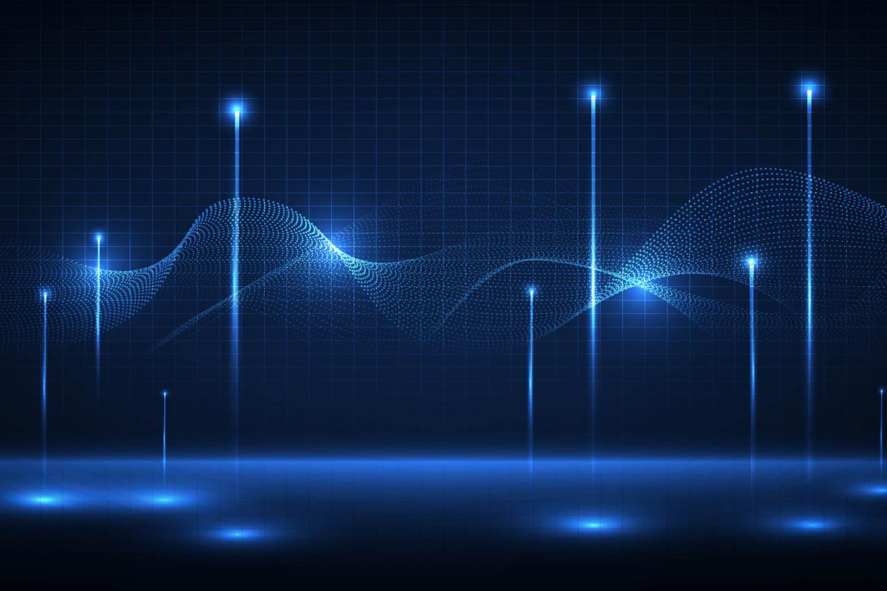 Abstract digital illustration of a blue wave with neon lines rising up through the wave.