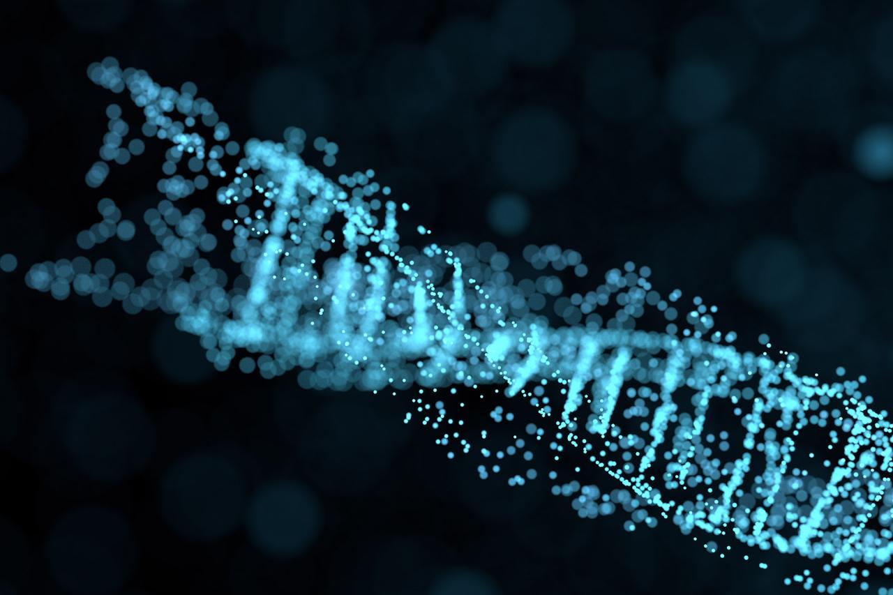 An abstract illustration of a DNA double helix made up of small blue dots