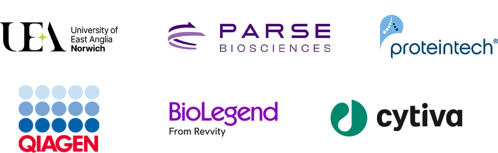 Sponsor logos of the single cell symposium including Parse Biosciences, Proteintech, Qiagen, Biolegend, and Cytiva