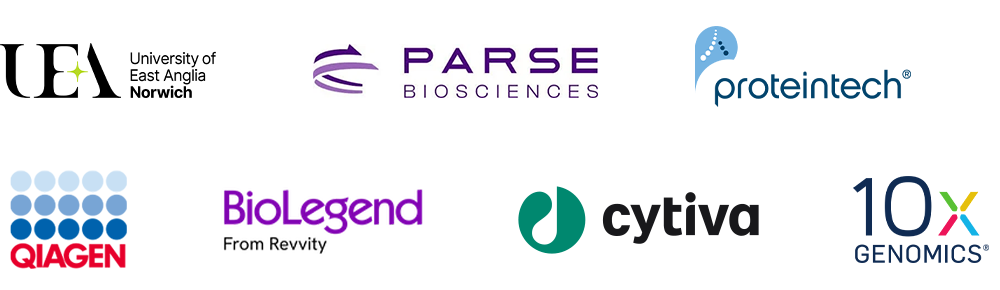 Sponsor logos of UEA, Parse Biosciences, Proteintech, Qiagen, Biolegend, Cytiva, and 10x Genomics