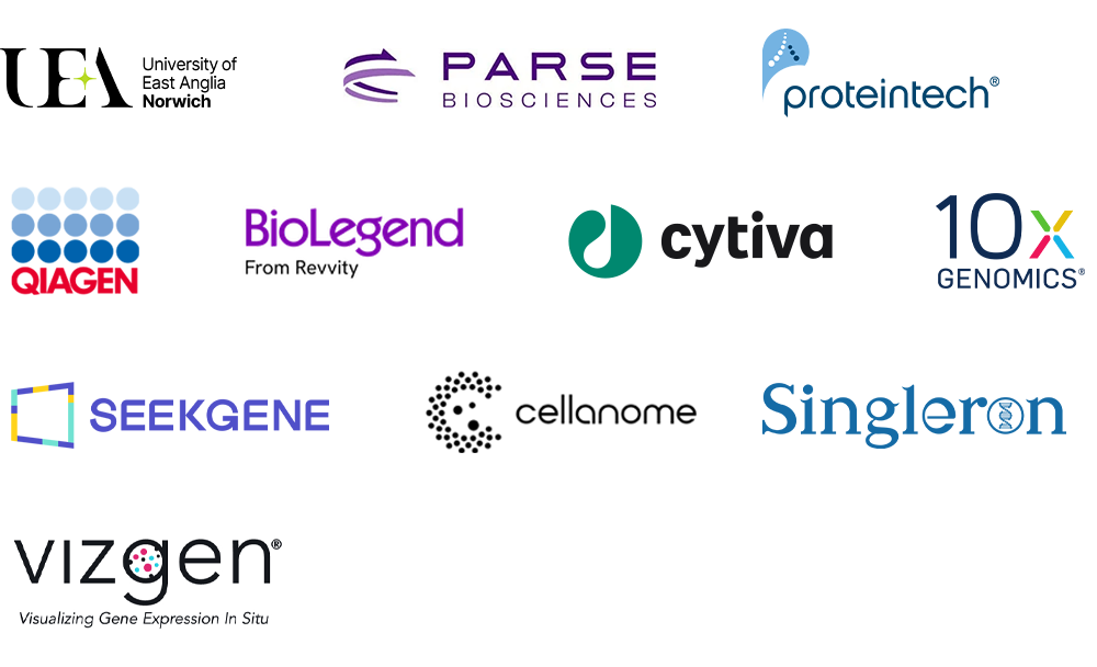 Sponsor logos of the Single-cell symposium including UEA, Parse Biosciences, Proteintech, Qiagen, Biolegend, Cytiva, 10x Genomics, Seekgene, Cellanome, Singleron and Vizgen.