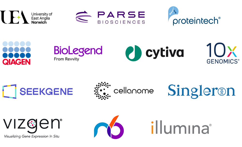 Sponsor logos of UEA, Parse Biosciences, Proteintech, Qiagen, Biolegend, Cytiva, 10x Genomics, Seekgene, Cellanome, Singleron, Vizgen, N6 and illumina