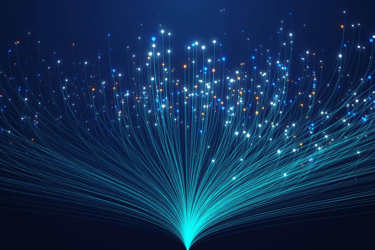 Digital abstract illustration of glowing bright lights with blue fluorescent lines coming out of them gathering together at the bottom of the image