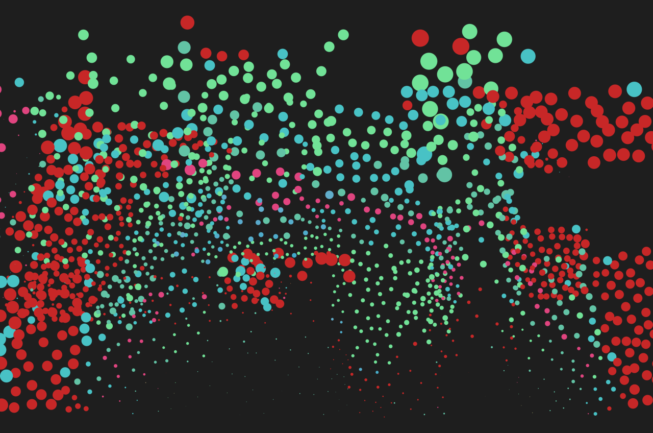 Clusters of circles and dots in waves of reds, blues, and greens, on a dark charcoal background