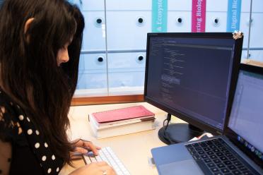 Researcher working on Python code at a computer screen