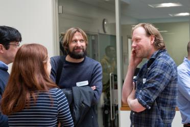 Wilfried Haerty, Iain Macaulay and Chalotte Utting from the Earlham Institute talking with Sebastian Ahnert from the Turing Institute