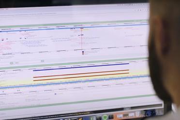 Image looking over someones shoulder at their computer screen displaying genomic information