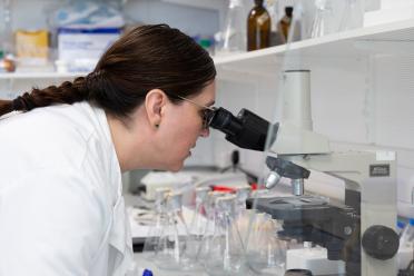 Research Assistant Michelle Grey looking at samples under a microscope