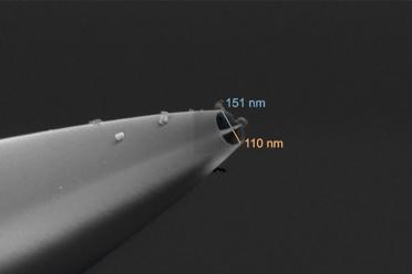 Electron microscopy image of a nanopipette (image acquired using a scanning electron microscope (SEM). Credit: Dr Alexander Kulak, University of Leeds.