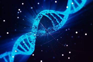 DNA illustration on blue background, double helix made of tiny blue dots.
