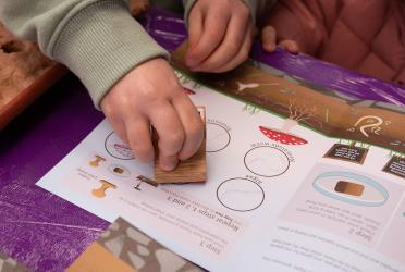 A child's hand stamping their microbe stamp during our soil microbe activity at Norwich Science Festival