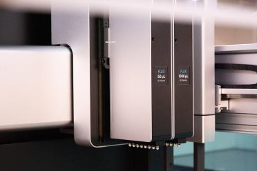 Close up on part of the OpenTrons Flex machine