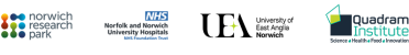 Logos of the Norwich Research Park, NNUH, UEA, and Quadram Institute