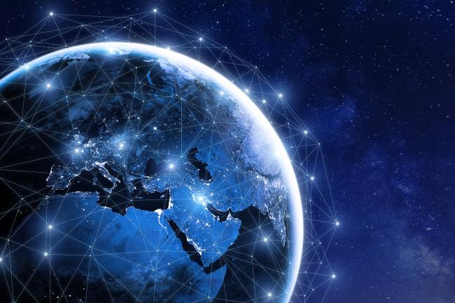 Europe and Earth as seen from space in a computer-generated graphic, with lines and dots demonstrating networks and connectivity between countries.