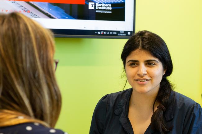 Year in Industry student Angel Chandwani talking to Head of Advanced Training, Emily Angiolini