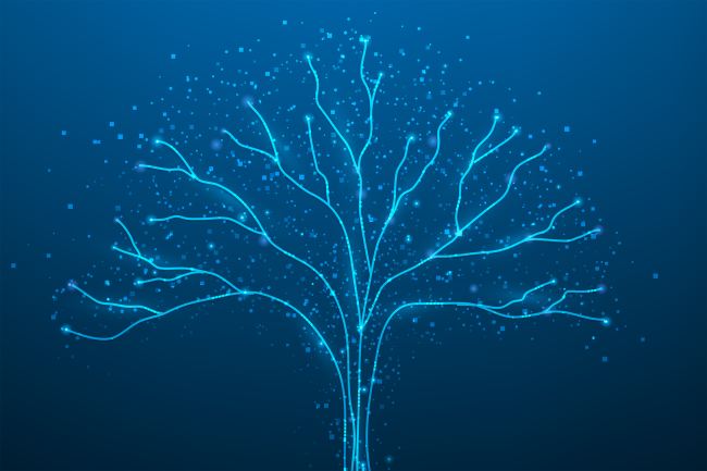 Illustration of a tree root, trunk and branches in abstract digital style.