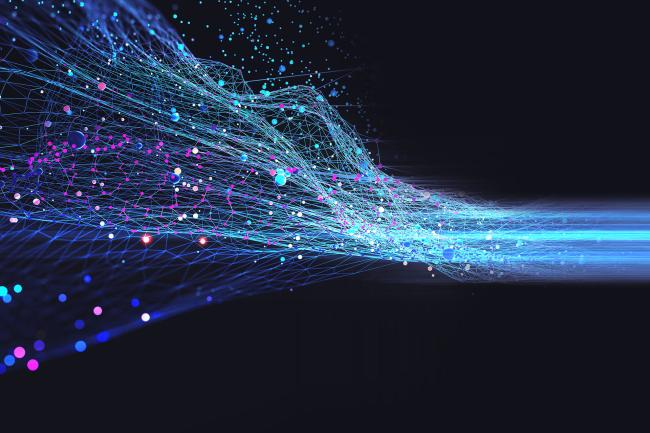 Bright colourful dots and lines representing information coming together in a streamline