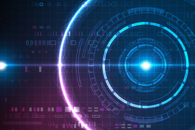 Digital graphic of circlrs and lines representing networks, with a bright core in the middle.