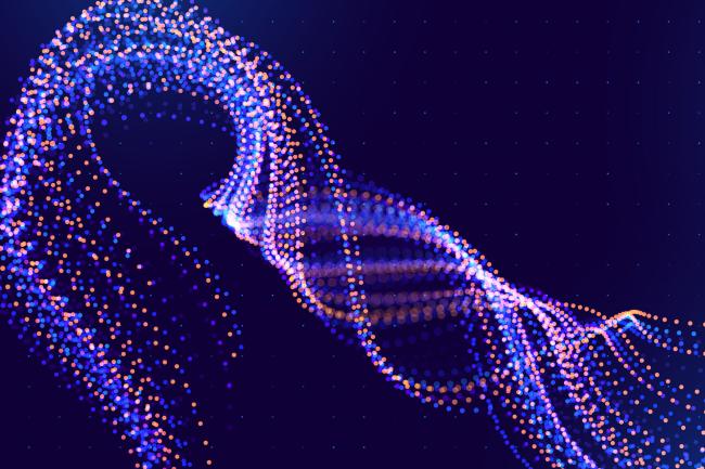 Digital illustration of lines of dots in different colours. The lines move in a wave representing the double helix shape of DNA.