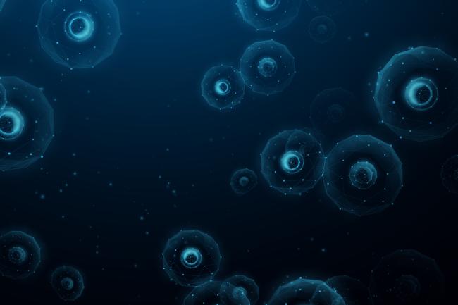 Digital illustration of cell-type particles in shades of dark blue