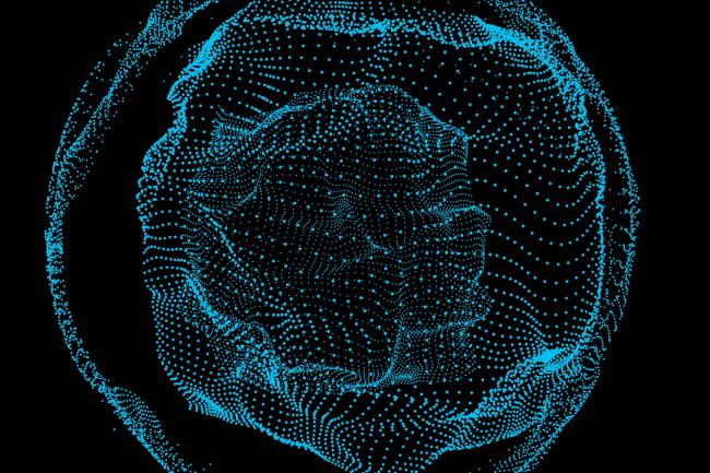 Digital illustration of an abstract cell made up of blue dots